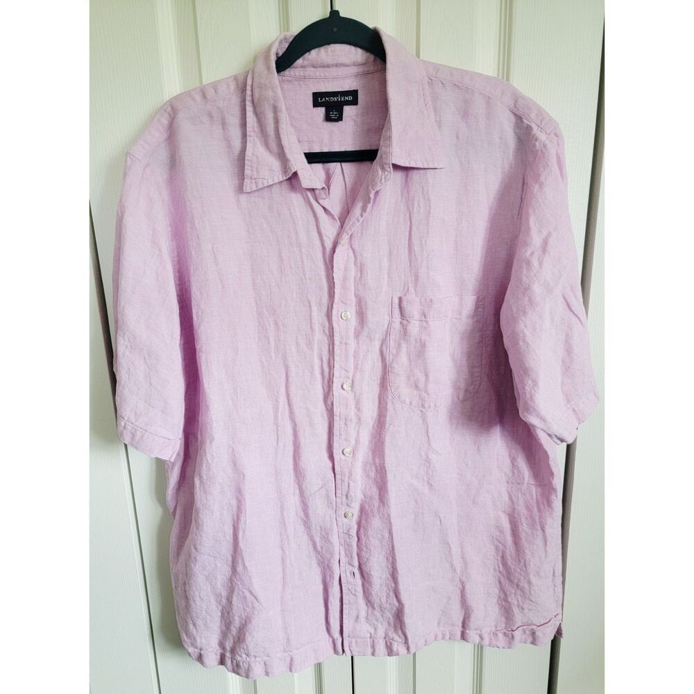Lands End L 16-16.5 Men's Linen Shirt Pink‎ Button Down Short Sleeve Collared